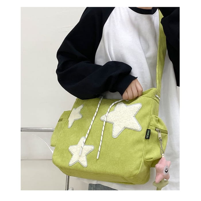 Corduroy Star Applique Drawstring Crossbody Shoulder Bag