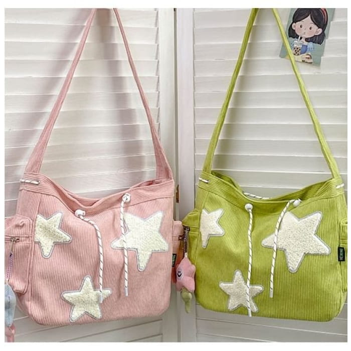 Corduroy Star Applique Drawstring Crossbody Shoulder Bag