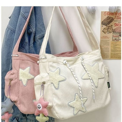 Corduroy Star Applique Drawstring Crossbody Shoulder Bag