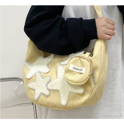 Corduroy Star Applique Zipper Crossbody Pouch With Coin