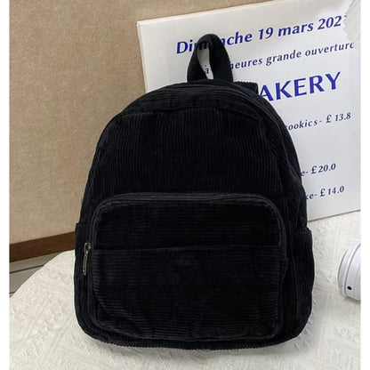 Corduroy Zipper Pocketed Light Backpack - Black / One Size