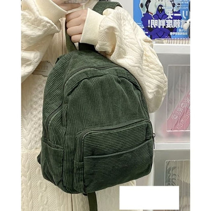 Corduroy Zipper Pocketed Light Backpack - Green / One Size