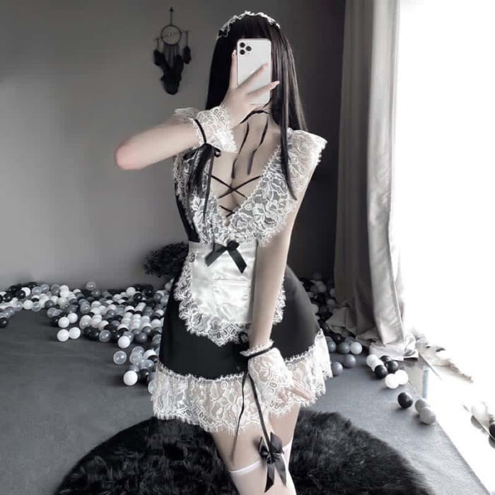 Cosplay Black Bow Maid Deep Lace Lingerie Dress - One Size
