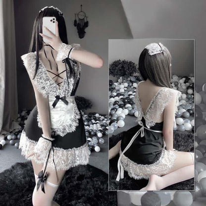 Cosplay Black Bow Maid Deep Lace Lingerie Dress - One Size