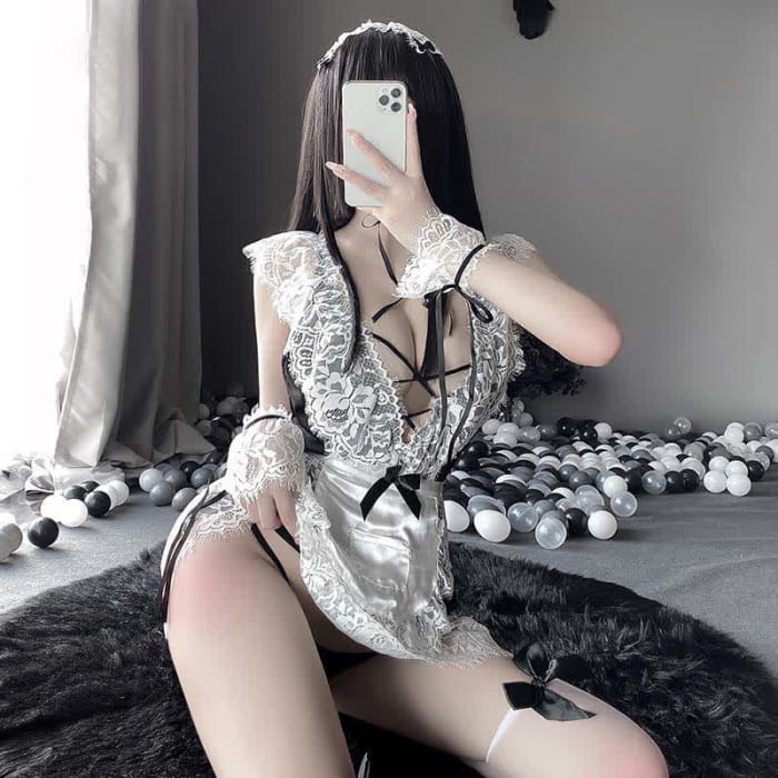 Cosplay Black Bow Maid Deep Lace Lingerie Dress - One Size