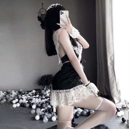 Cosplay Black Bow Maid Deep Lace Lingerie Dress - One Size