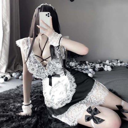 Cosplay Black Bow Maid Deep Lace Lingerie Dress - One Size