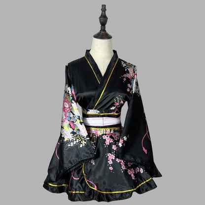 Cosplay Retro Flower Print V-neck Kimono Costume - Black / M