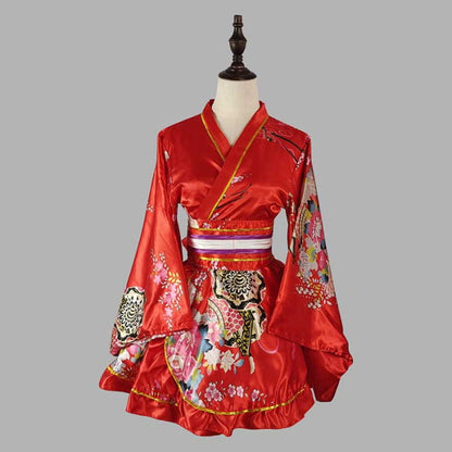 Cosplay Retro Flower Print V-neck Kimono Costume - Red / M