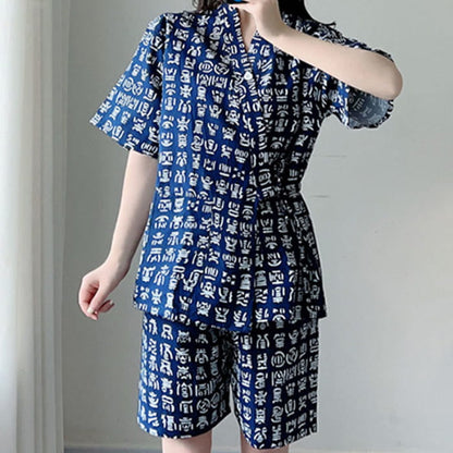 Cotton Blue Letter Print Shorts Pajamas Set