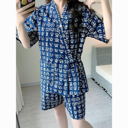 Cotton Blue Letter Print Shorts Pajamas Set