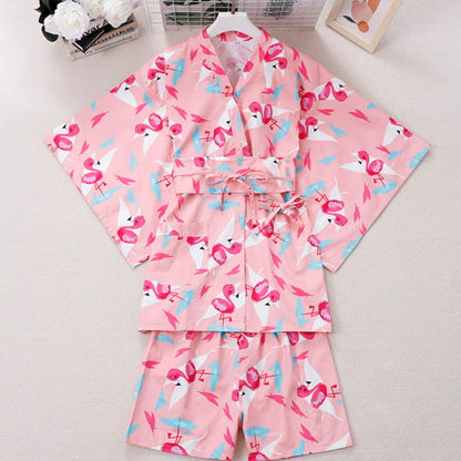 Cotton Flamingo Print Kimono Pajamas Set - Pink / XL