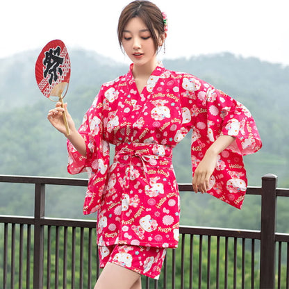 Cotton Kimono Kitty Print Couple Outfit Pajamas - Women / M