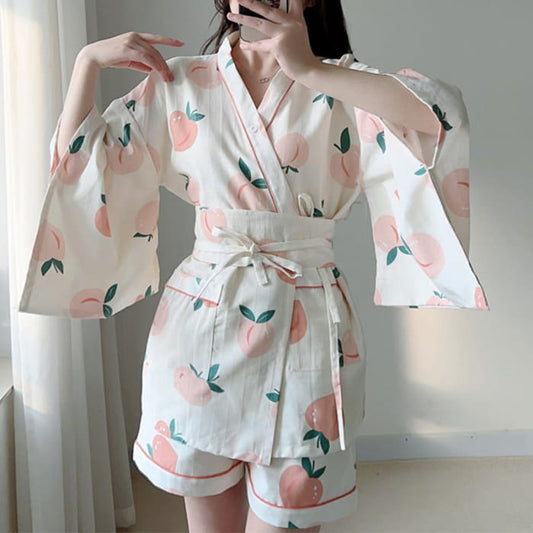 Cotton Kimono Peach Print Pajamas - XL