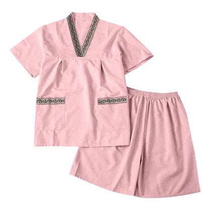 Couple Cotton V-Neck T-Shirt Shorts Pajamas Set - Women E