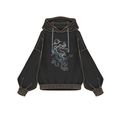 Couple Deer Embroidery Loose Hoodie Dress - Black A / S