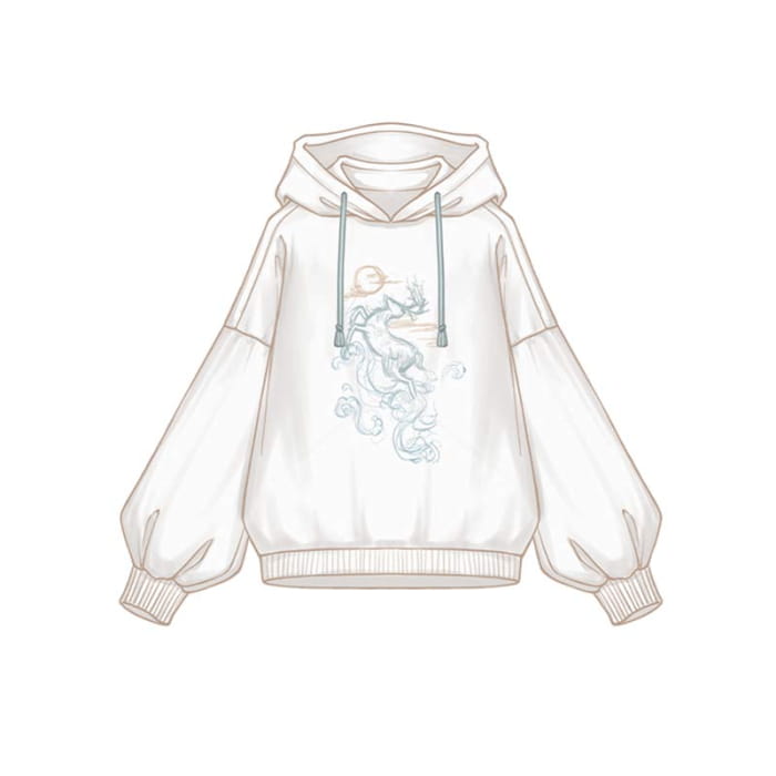 Couple Deer Embroidery Loose Hoodie Dress - White A / S