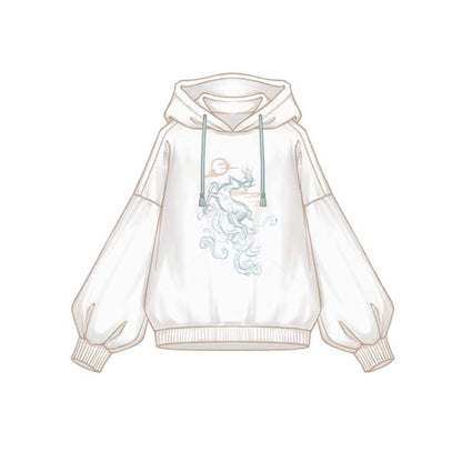 Couple Deer Embroidery Loose Hoodie Dress - White A / S