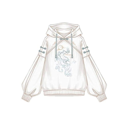 Couple Deer Embroidery Loose Hoodie Dress - White B / S