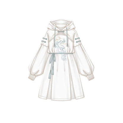 Couple Deer Embroidery Loose Hoodie Dress - White Hooded / S