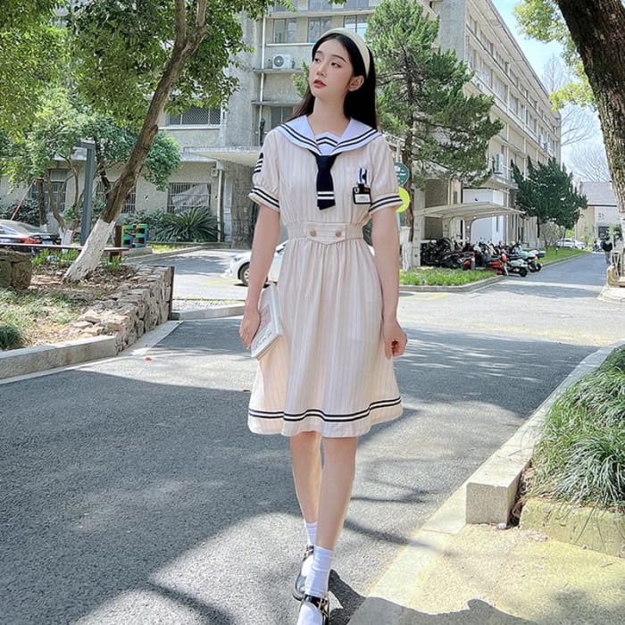 Couple JK Uniform Sailor Collar Dress T-Shirt Pants - Dress