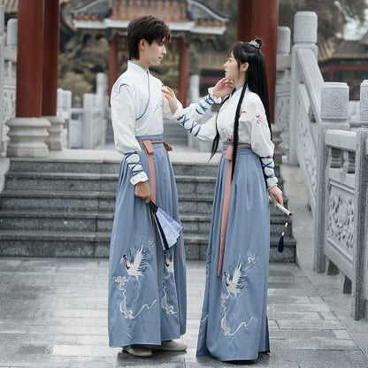 Couple Matching Crane Embroidered Hanfu Costume Set - of 2