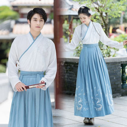 Couple Matching Long - Set of 2 - Top & Skirt - White Blue