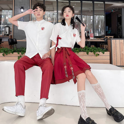 Couple Vintage Embroidery T-Shirt Lace Up Skirt Pants