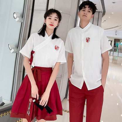 Couple Vintage Embroidery T-Shirt Lace Up Skirt Pants