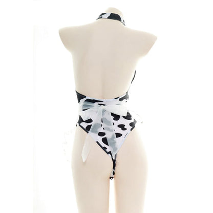 Cows Print Maid Apron Lingerie - White / One Size