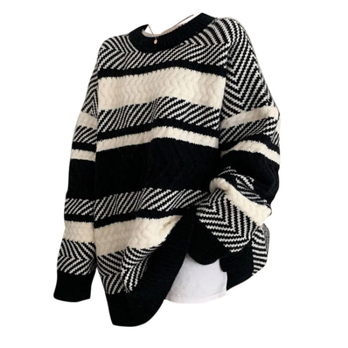 Cozy Stripe Knit Sweater - Free Size / Black/white