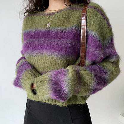 Cozy Striped Sweater - Free Size / Green/purple