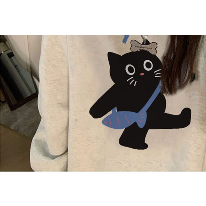 Crew Neck Cat Print Sweatshirt