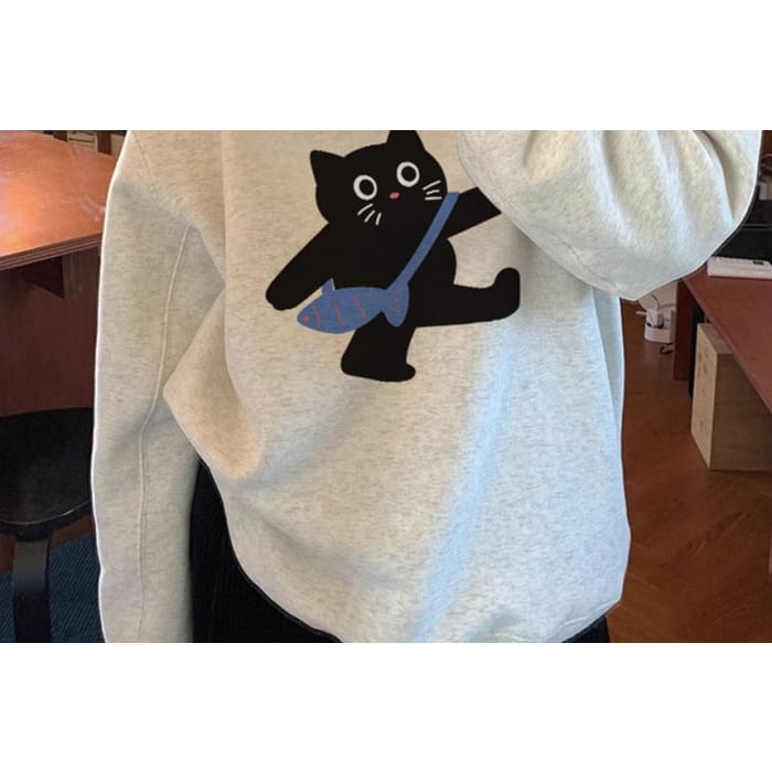 Crew Neck Cat Print Sweatshirt