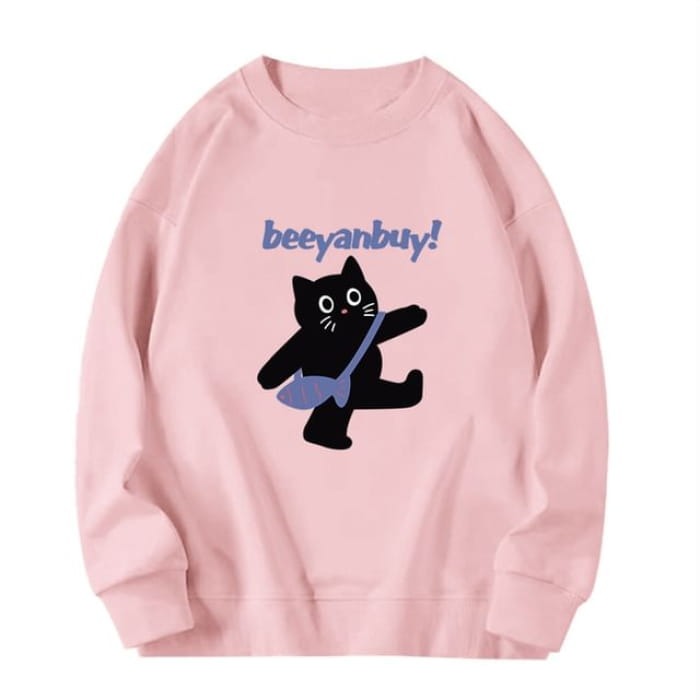 Crew Neck Cat Print Sweatshirt - Pink / S