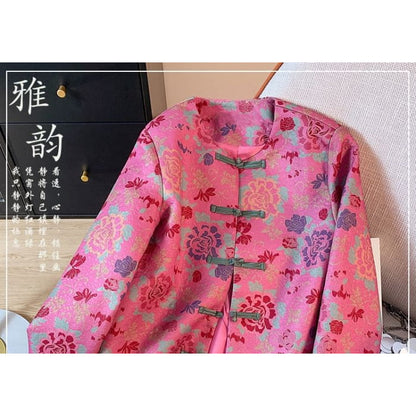 Crew Neck Floral Print Cropped Knot Button Jacket