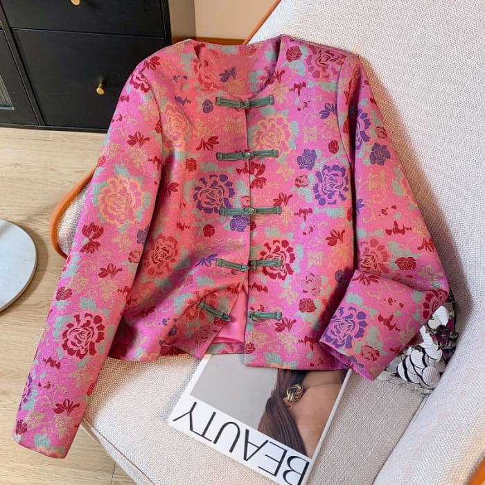 Crew Neck Floral Print Cropped Knot Button Jacket