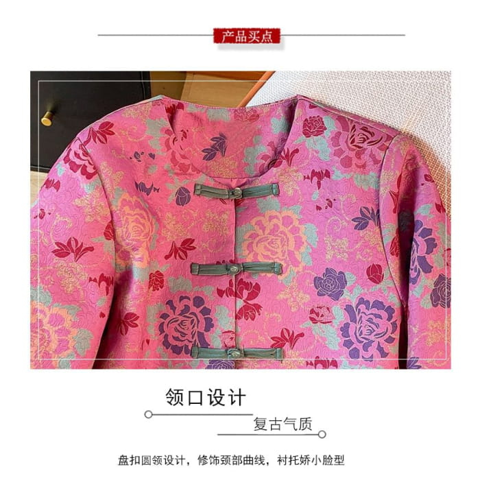 Crew Neck Floral Print Cropped Knot Button Jacket