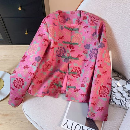 Crew Neck Floral Print Cropped Knot Button Jacket - Red / S