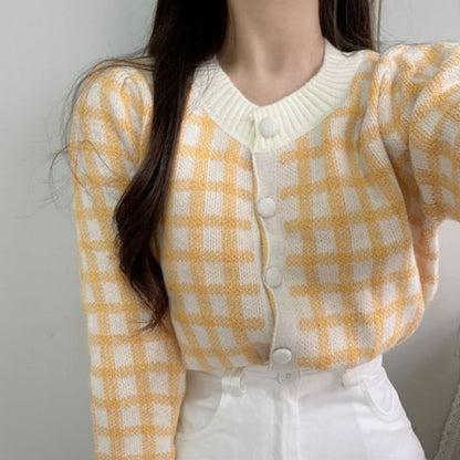 Crew Neck Plaid Cardigan - Yellow / One Size