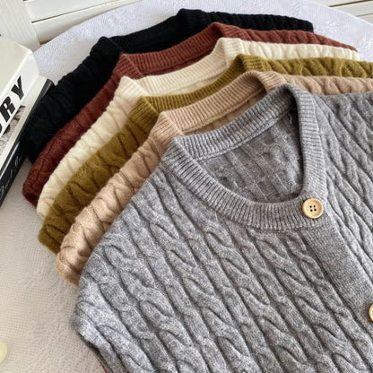 Crew Neck Plain Cable Knit Button Sweater Vest