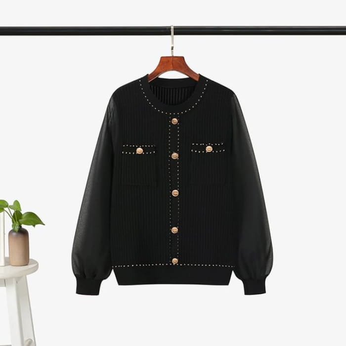 Crew Neck Plain Chiffon Panel Sweater - Black / S