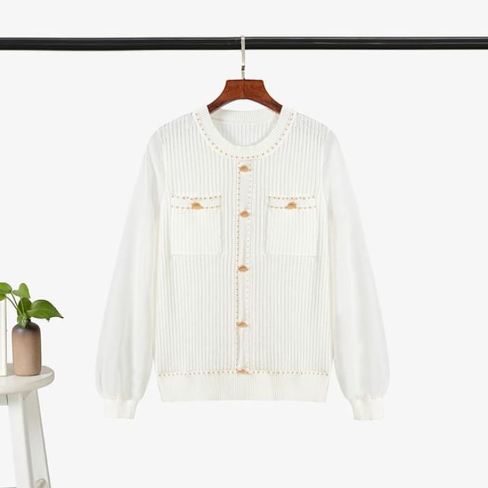 Crew Neck Plain Chiffon Panel Sweater - White / S