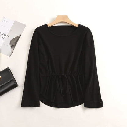 Crew Neck Plain Peplum Sweater - Black / S