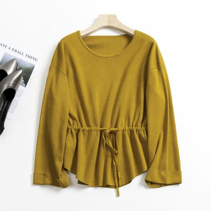 Crew Neck Plain Peplum Sweater - Curcumin / S