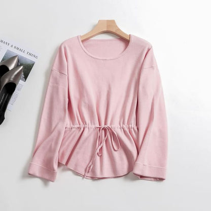 Crew Neck Plain Peplum Sweater - Pink / S