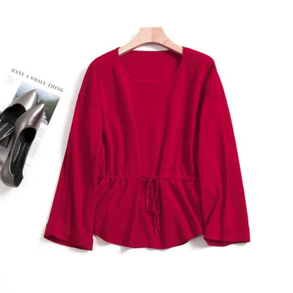 Crew Neck Plain Peplum Sweater - Red / S