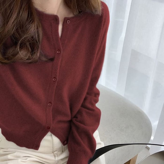 Crewneck Plain Cardigan - Wine Red / One Size