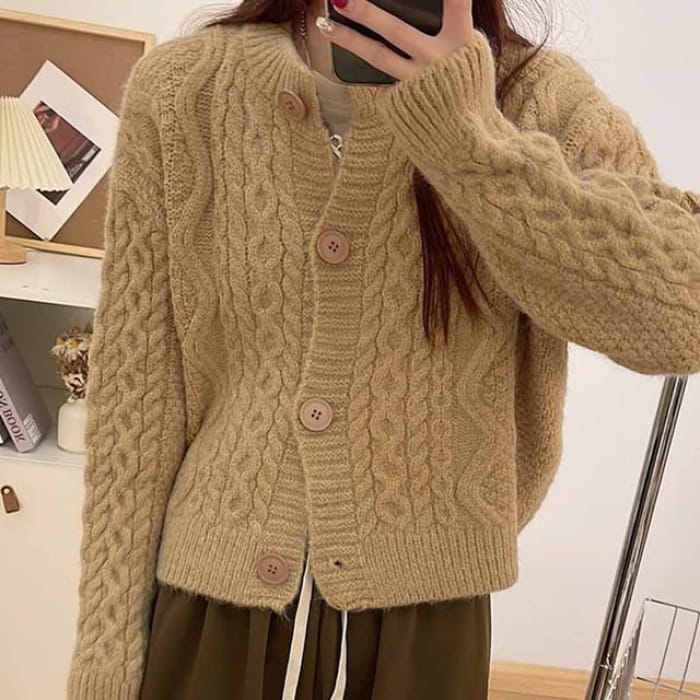 Crewneck Plain Ribbed Oversize Cardigan - Khaki / One Size