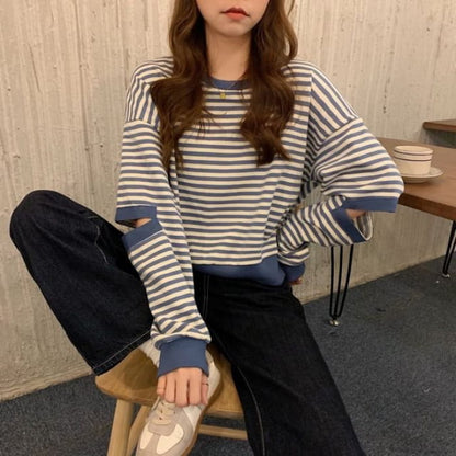 Crewneck Striped Cutout Pullover - Clothing